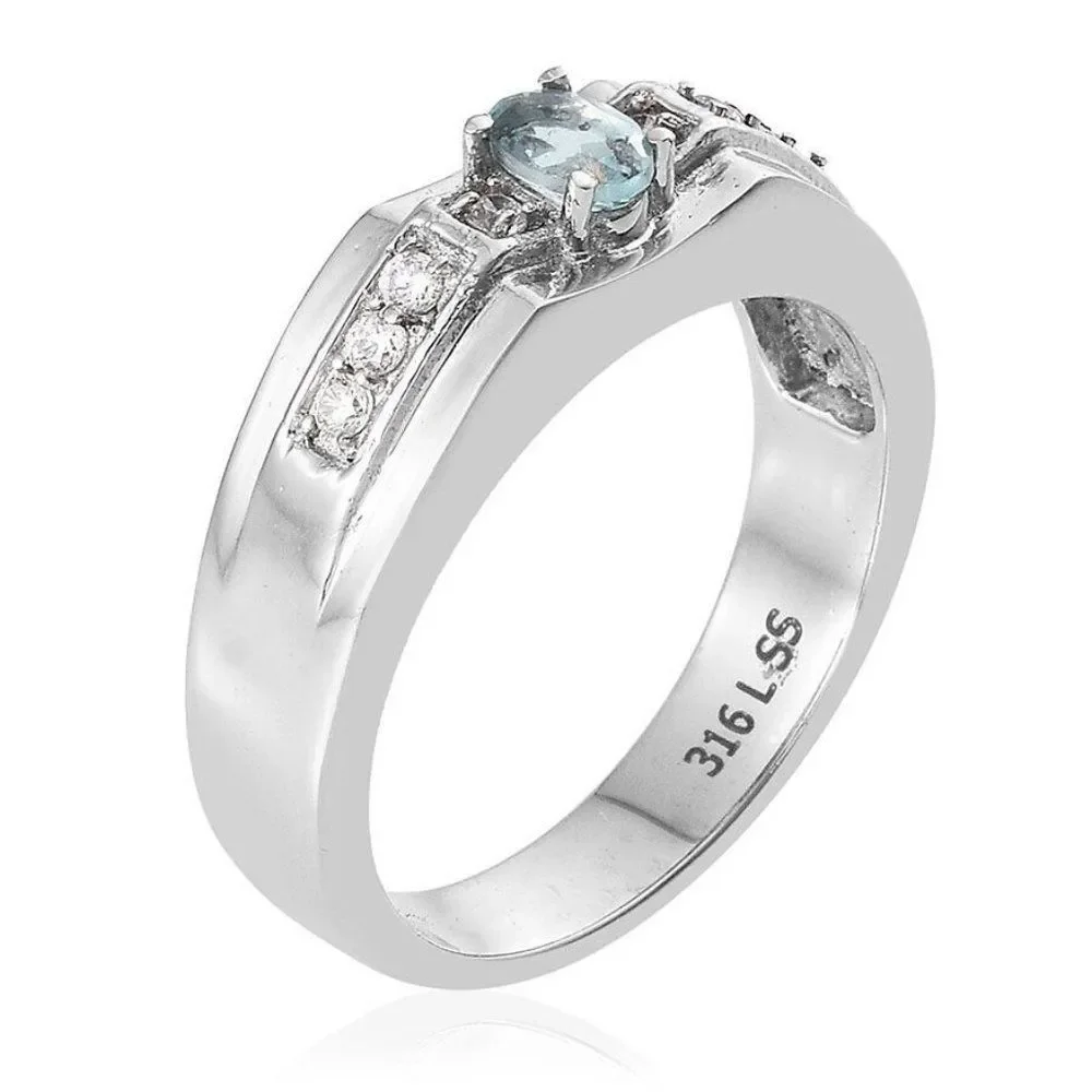 Madagascar Paraiba Apatite Simulated Diamond Stainless Steel Ring Size 14